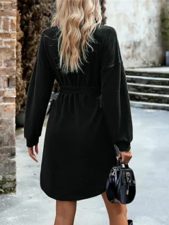 Women‘s Christmas Sweater Dress Jumper Dress Winter Dress Basic Christmas Street Daily Weekend V Neck Long Sleeve Lace Up Button 2023 Regular Fit Black Red Blue S M L XL -Fashion Life Shop gwpiwc1692340855720