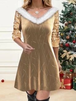 Women's Casual Dress Christmas Dress Velvet Dress Geometric Sequins Patchwork V Neck Mini Dress Fashion Streetwear Outdoor Christmas Long Sleeve Regular Fit Gold Fall Winter S M L XL XXL