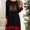 Women's Casual Dress Plaid Dress Winter Dress Letter Santa Claus Patchwork Button Crew Neck Midi Dress Active Fashion Outdoor Christmas Long Sleeve Loose Fit Black Dark Red Wine Fall Winter S M L XL