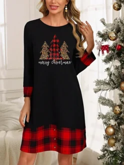 Women's Casual Dress Plaid Dress Winter Dress Letter Santa Claus Patchwork Button Crew Neck Midi Dress Active Fashion Outdoor Christmas Long Sleeve Loose Fit Black Dark Red Wine Fall Winter S M L XL
