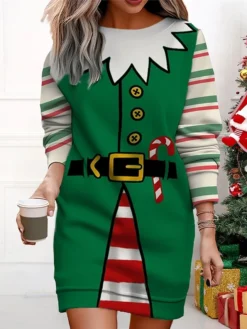 Women's Christmas Casual Dress Sweatshirt Dress Mini Dress Warm Fashion Outdoor Vacation Crew Neck Print Santa Claus Loose Fit ArmyGreen Light Green Wine S M L XL XXL