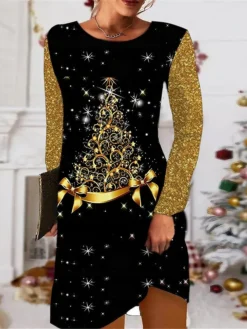 Women's Christmas Casual Dress T Shirt Dress Tee Dress Shift Dress Mini Dress Green Blue Purple Long Sleeve Tree Pocket Winter Fall Autumn Crew Neck Fashion Daily 2022 S M L XL XXL 3XL