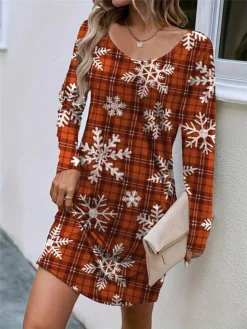 Women's Casual Dress Plaid Dress Christmas Dress Plaid Snowflake Print V Neck Mini Dress Fashion Streetwear Outdoor Christmas Long Sleeve Loose Fit Wine Blue Orange Fall S M L XL XXL -Fashion Life Shop gyltcv1695211913423