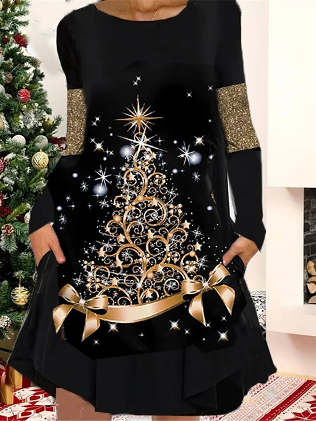 Women's Christmas Casual Dress T Shirt Dress Tee Dress Shift Dress Mini Dress Black Gold Yellow Long Sleeve Letter Pocket Winter Fall Autumn Crew Neck Fashion Christmas Daily 2022 S M L XL XXL 3XL 2 Women's Christmas Casual Dress T Shirt Dress Tee Dress Shift Dress Mini Dress Black Gold Yellow Long Sleeve Letter Pocket Winter Fall Autumn Crew Neck Fashion Christmas Daily 2022 S M L XL XXL 3XL - Image 2