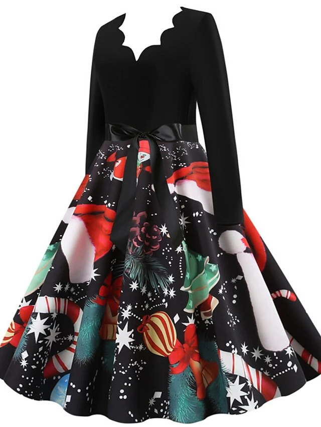 Women's Christmas Knee Length Dress Wine Green Orange Black Red Brown Navy Blue Long Sleeve Print Bow Print Fall Winter V Neck Casual Vintage2021 S M L XL XXL 3XL 20 Women's Christmas Knee Length Dress Wine Green Orange Black Red Brown Navy Blue Long Sleeve Print Bow Print Fall Winter V Neck Casual Vintage2021 S M L XL XXL 3XL - Image 20