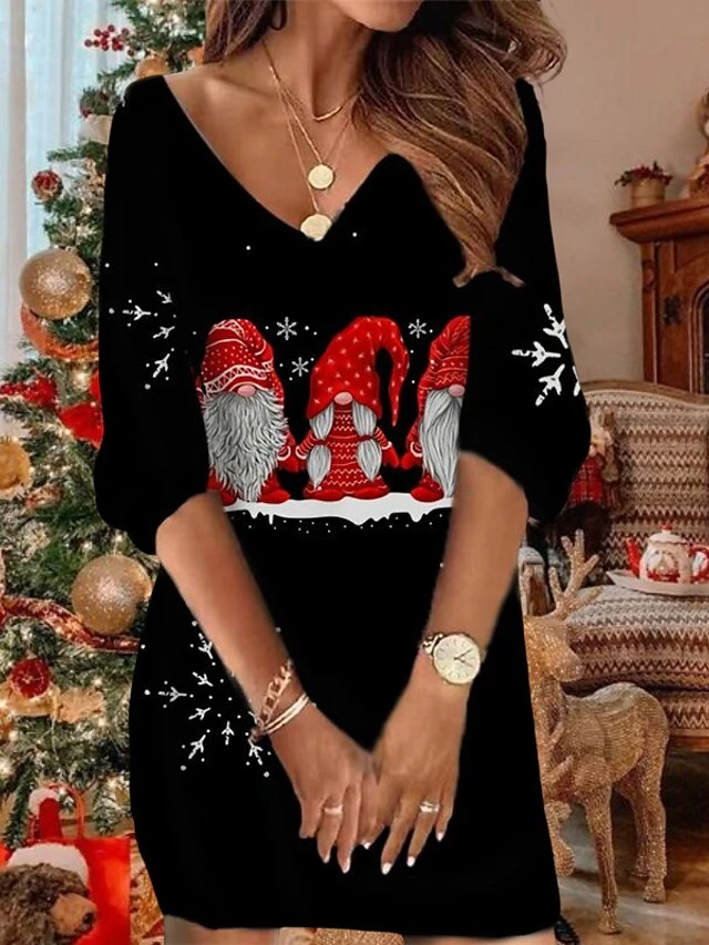 Women‘s Christmas Sweatshirt Dress Winter Dress Short Mini Dress Blue Black 3/4 Length Sleeve Santa Claus Snowman Snowflake Print Fall Winter V Neck Vacation Casual Loose Fit 2022 S M L XL XXL 3XL 5 Women‘s Christmas Sweatshirt Dress Winter Dress Short Mini Dress Blue Black 3/4 Length Sleeve Santa Claus Snowman Snowflake Print Fall Winter V Neck Vacation Casual Loose Fit 2022 S M L XL XXL 3XL - Image 5