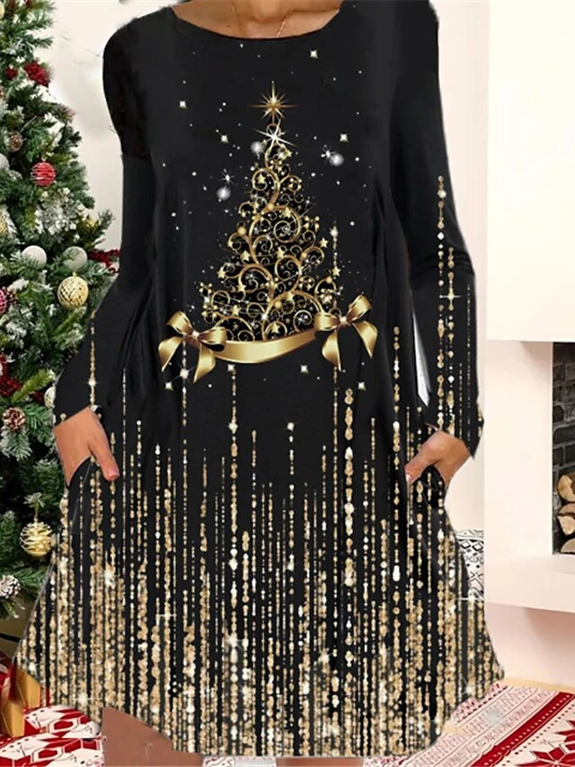 Women's Christmas Casual Dress T Shirt Dress Tee Dress Shift Dress Mini Dress Black Gold Yellow Long Sleeve Letter Pocket Winter Fall Autumn Crew Neck Fashion Christmas Daily 2022 S M L XL XXL 3XL 3 Women's Christmas Casual Dress T Shirt Dress Tee Dress Shift Dress Mini Dress Black Gold Yellow Long Sleeve Letter Pocket Winter Fall Autumn Crew Neck Fashion Christmas Daily 2022 S M L XL XXL 3XL - Image 3