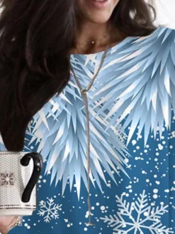 Women's Christmas Casual Dress T Shirt Dress Tee Dress Mini Dress Blue Long Sleeve Snowflake Pocket Print Winter Fall Crew Neck Vacation Casual 2022 S M L XL XXL 3XL -Fashion Life Shop hcnsmq1667282616172