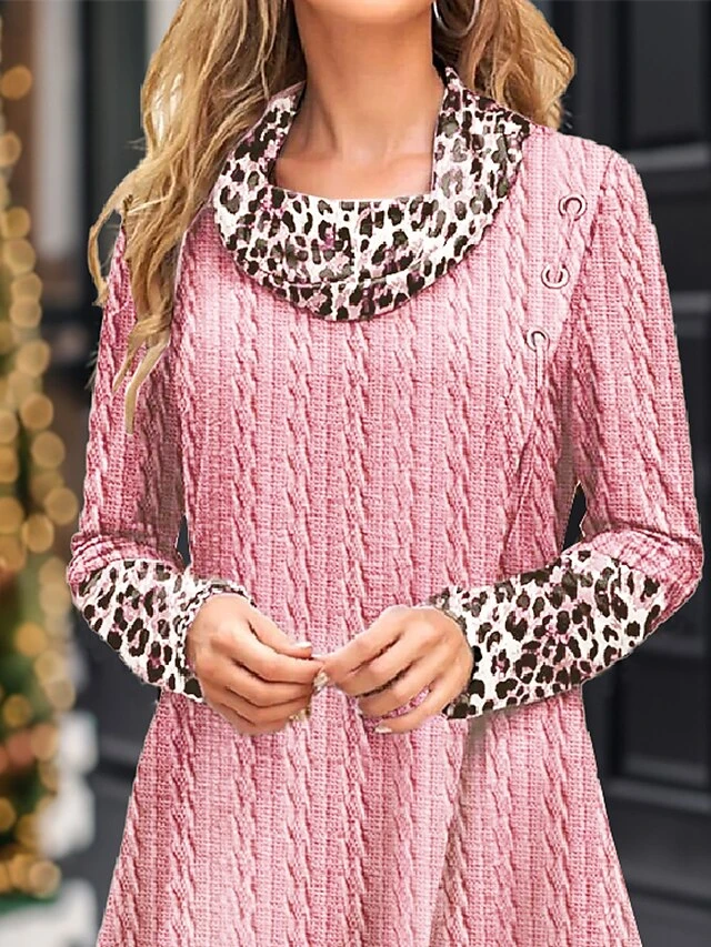 Women's Casual Dress Christmas Dress Sweater Dress Leopard Print Cowl Neck Midi Dress Fashion Streetwear Outdoor Christmas Long Sleeve Regular Fit Pink Fall Winter S M L XL XXL 2 Women's Casual Dress Christmas Dress Sweater Dress Leopard Print Cowl Neck Midi Dress Fashion Streetwear Outdoor Christmas Long Sleeve Regular Fit Pink Fall Winter S M L XL XXL - Image 2