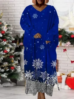 Women‘s Plus Size Christmas Dress Print V Neck Long Sleeve Winter Fall Modern Maxi Long Dress Daily Dress -Fashion Life Shop heagpk1668158946917