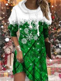 Women's Christmas Hoodie Dress Shift Dress Mini Dress Green Blue Wine Long Sleeve Plaid Snowflake Print Winter Fall Hooded Vacation Casual 2022 S M L XL XXL 3XL -Fashion Life Shop heajcl1668068039461