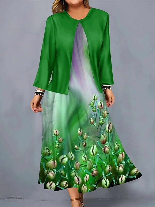 Women's Christmas Plus Size Curve Casual Dress Dress Set Two Piece Dress Floral Midi Dress Long Sleeve Print Crew Neck Fashion Outdoor Wine Blue Fall Winter L XL XXL 3XL 4XL 2 Women's Christmas Plus Size Curve Casual Dress Dress Set Two Piece Dress Floral Midi Dress Long Sleeve Print Crew Neck Fashion Outdoor Wine Blue Fall Winter L XL XXL 3XL 4XL - Image 2