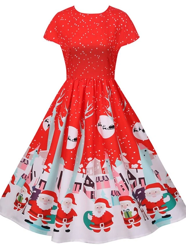 Women's Christmas Knee Length Dress Green Black Red Short Sleeve Print Print Fall Winter Round Neck Casual Vintage2021 S M L XL XXL 1 Women's Christmas Knee Length Dress Green Black Red Short Sleeve Print Print Fall Winter Round Neck Casual Vintage2021 S M L XL XXL
