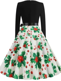Women's Christmas Swing Dress Vintage DressKnee Length Dress Green Blue Wine Light Red Dark Green Red Long Sleeve Floral Snowman Tree Bow Print Fall Winter V Neck Vintage Fashion Casual 2022 S M L -Fashion Life Shop hfczwb1663152092959