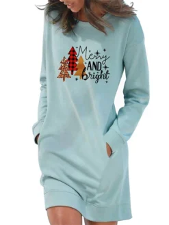 Women‘s Christmas Hoodie Dress Winter Dress Light Blue Grey White Long Sleeve Letter Tree Snowflake Pocket Print Winter Fall Crew Neck Stylish Casual Fall Dress Loose Fit 2022 S M L XL 2XL -Fashion Life Shop hfsfnq1666430318762