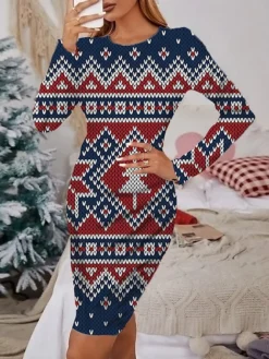 Women's Christmas Casual Dress Print Dress Blue Wine Light Red Orange Red Long Sleeve ElkTree Snowflake Print Winter Autumn Crew Neck Fashion Casual Fall Dress 2022 S M L XL 2XL 3XL 4XL 5XL 6XL