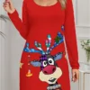 Women's Casual Dress Christmas Dress Winter Dress Deer Print V Neck Mini Dress Fashion Streetwear Outdoor Christmas Long Sleeve Loose Fit Yellow Red Purple Fall Winter S M L XL XXL