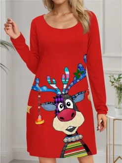 Women's Casual Dress Christmas Dress Winter Dress Deer Print V Neck Mini Dress Fashion Streetwear Outdoor Christmas Long Sleeve Loose Fit Yellow Red Purple Fall Winter S M L XL XXL
