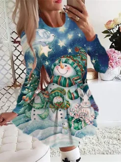 Women's Christmas Swing DressShort Mini Dress Green Dark Blue Red Gray Black Long Sleeve Letter Santa Claus Snowman Pleated Print Fall Winter Crew Neck Stylish Romantic 2022 S M L -Fashion Life Shop hhfvla1665485241317