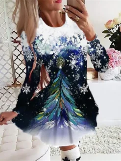 Women's Christmas Swing DressShort Mini Dress Light Pink Green Blue Red Light Blue Long Sleeve Plaid Santa Claus Tree Pleated Print Fall Winter Crew Neck Stylish Romantic