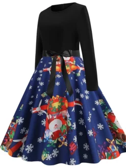 Women's Christmas Casual Dress Swing Dress Vintage Dress Midi Dress Green Blue Royal Blue Long Sleeve Color Block Bow Winter Fall Autumn V Neck Slim 2022 S M L XL XXL 3XL -Fashion Life Shop hhiaee1666761743933