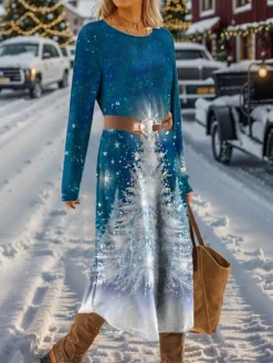 Women's Casual Dress Christmas Dress Winter Dress Christmas Tree Snowflake With Belt Print Crew Neck Midi Dress Fashion Streetwear Outdoor Christmas Long Sleeve Loose Fit Pink Red Blue Fall Winter S -Fashion Life Shop hhqtqw1697023052985