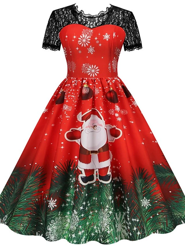 Women's Christmas Swing Dress Vintage DressKnee Length Dress Green Wine Dark Green Fuchsia Red Black Short Sleeve Santa Claus Snowman Snowflake Lace Print Fall Winter V Neck Vacation Vintage 2022 S 2 Women's Christmas Swing Dress Vintage DressKnee Length Dress Green Wine Dark Green Fuchsia Red Black Short Sleeve Santa Claus Snowman Snowflake Lace Print Fall Winter V Neck Vacation Vintage 2022 S - Image 2