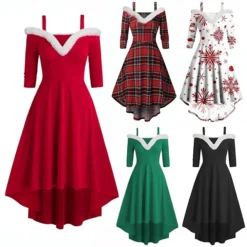 Women's Christmas Swing Dress Skater Dress Green Red Black Long Sleeve Pure Color Cold Shoulder Plus High Low Winter Fall V Neck Classic ModernFall Dress Slim 2022 S M L XL 2XL 3XL / Winter Dress
