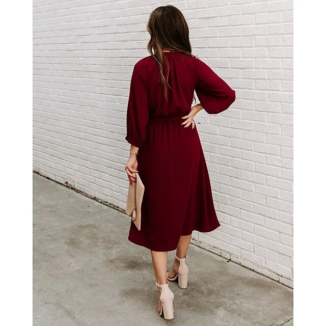Women's Work Dress Shift Dress Church Dress Midi Dress Red Wine Green Long Sleeve Pure Color Lace Up Summer Spring Crew Neck Basic Christmas Fall Dress Loose Fit 2023 S M L XL 3 Women's Work Dress Shift Dress Church Dress Midi Dress Red Wine Green Long Sleeve Pure Color Lace Up Summer Spring Crew Neck Basic Christmas Fall Dress Loose Fit 2023 S M L XL - Image 3