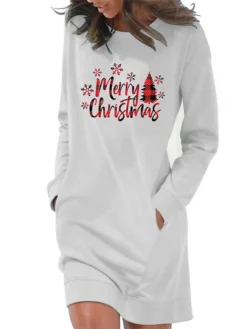 Women‘s Christmas Hoodie Dress Winter Dress Light Blue Grey White Long Sleeve Letter Tree Snowflake Pocket Print Winter Fall Crew Neck Stylish Casual 2022 S M L XL 2XL / Cotton -Fashion Life Shop hkjuqe1666603409756