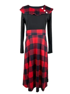 Women‘s Christmas Retro Elegant Vintage Dress Midi Dress Party Ruffle Patchwork Plaid Crew Neck Long Sleeve Regular Fit Fall Winter 2023 Red S M L XL -Fashion Life Shop hkosyh1695030845974