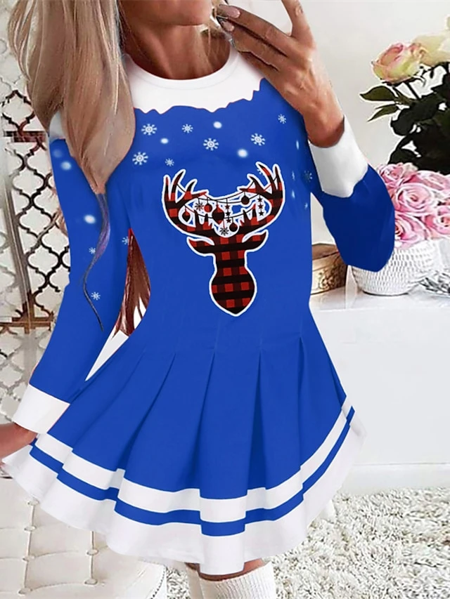 Women's Christmas Swing Dress Blue Red Black Long Sleeve Elk Snowflake Pleated Print Winter Fall Crew Neck Stylish Romantic Fall Dress Loose Fit 2022 S M L XL XXL / Winter Dress 6 Women's Christmas Swing Dress Blue Red Black Long Sleeve Elk Snowflake Pleated Print Winter Fall Crew Neck Stylish Romantic Fall Dress Loose Fit 2022 S M L XL XXL / Winter Dress - Image 6