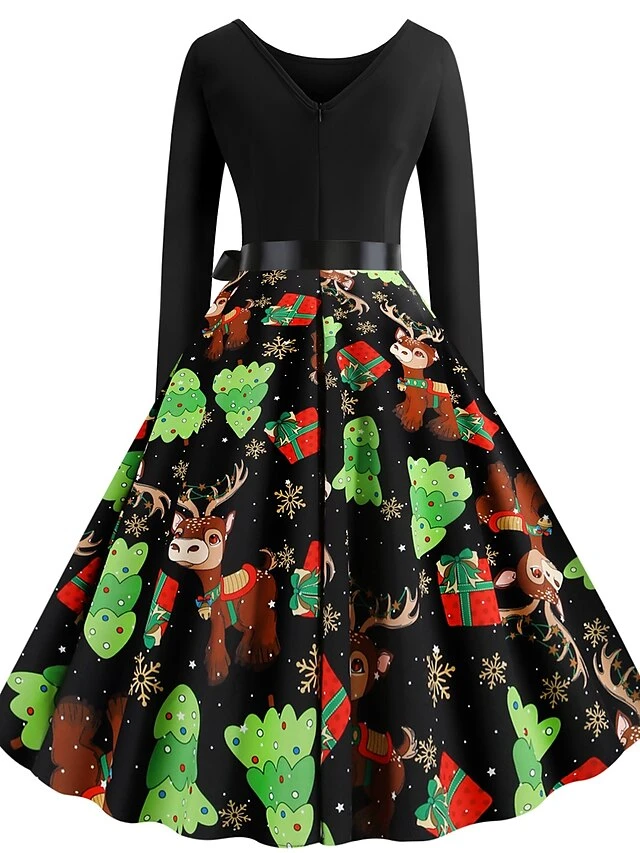 Women's Christmas Swing Dress Knee Length Dress Black Long SleeveTree Bow Print Fall Winter Round Neck VintageParty 2021 S M L XL XXL 3 Women's Christmas Swing Dress Knee Length Dress Black Long SleeveTree Bow Print Fall Winter Round Neck VintageParty 2021 S M L XL XXL - Image 3