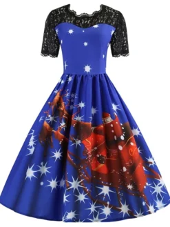 Women's Christmas Lace Dress Swing Dress Maxi Long Dress Claret Green Blue Purple Red Rose Red Short Sleeve Santa Claus Print Lace Patchwork Winter Fall Crew Neck Vintage Fashion Elegant 2022 S M L -Fashion Life Shop hlfjtw1666258509313