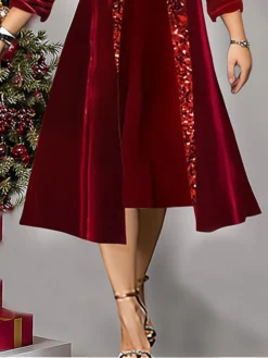 Women's Plus Size Two Piece Dress Set Velvet Dress Party Dress Party Christmas Fashion Elegant Patchwork Sequin Midi Dress V Neck 3/4 Length Sleeve Plain Regular Fit Wine Fall Winter L XL XXL 3XL 4XL -Fashion Life Shop hlhwad1697523043144