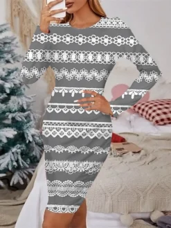 Women's Christmas Casual Dress Sheath Dress Mini Dress Green Red Navy Blue Gray Black Long Sleeve Print Print Winter Fall Crew Neck Stylish Casual 2022 S M L XL 2XL 3XL 4XL 5XL 6XL -Fashion Life Shop hlvetw1666684181059