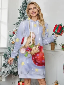 Women's Christmas Dress Hoodie Dress Mini Dress Warm Fashion Outdoor Christmas Holiday Hoodie Print Print Loose Fit Pink Blue Purple S M L XL XXL