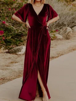 Women's Christmas Dress Casual Dress Velvet Dress Long Dress Maxi Dress Lace Up Split Outdoor Christmas Daily Fashion Elegant V Neck Short Sleeve 2023 Regular Fit Black Wine Gold Color S M L XL XXL