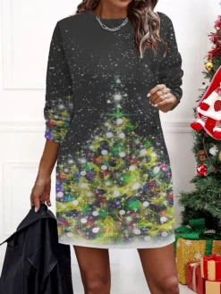 Women‘s Christmas Casual Dress Sweatshirt Dress Mini Dress Warm Fashion Outdoor Holiday Crew Neck Print Geometric Snowman Loose Fit Black Yellow Wine S M L XL XXL -Fashion Life Shop hoqtty1695174053747