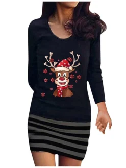 Women's Christmas Casual Dress Bodycon Mini Dress Black Blue Yellow Wine Gray Long Sleeve Elk Striped Print Winter Fall Crew Neck Vacation Casual 2022 S M L XL XXL 3XL 4XL 5XL / Sheath Dress -Fashion Life Shop hovqws1667282530705