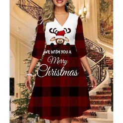 Women's Christmas Print Dress Green Blue Purple Red Black Long Sleeve Elk Snowman Tree Print Winter Autumn V Neck Fashion Casual Fall Dress Loose Fit 2022 S M L XL 2XL 3XL 4XL 5XL 6XL -Fashion Life Shop hpvkyx1668426774618