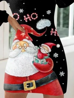 Women's Casual Dress Christmas Dress Winter Dress Santa Claus Print Turtleneck Mini Dress Fashion Streetwear Outdoor Christmas Long Sleeve Loose Fit Black Fall Winter S M L XL XXL -Fashion Life Shop hpwfaa1697537096910