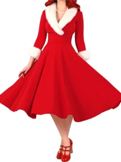 Women's Christmas Swing Dress Vintage Dress Midi Dress Red White Long Sleeve Pure Color Patchwork Winter Fall V Neck Vintage Stylish Elegant Fall Dress 2022 S M L XL XXL / Winter Dress -Fashion Life Shop hqcdrc1666343930029