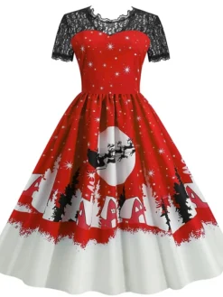Women's Christmas Casual Dress Swing Dress Midi Dress Green Blue Purple Red Short Sleeve Elk Tree Lace Print Winter Fall Crew Neck Vacation Vintage 2022 S M L XL XXL 3XL -Fashion Life Shop hrznat1666676888287