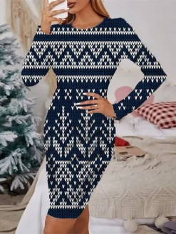 Women's Christmas Casual Dress Sheath Dress Mini Dress Green Red Navy Blue Gray Black Long Sleeve Print Print Winter Fall Crew Neck Stylish Casual 2022 S M L XL 2XL 3XL 4XL 5XL 6XL