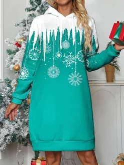 Women's Casual Dress Hoodie Dress Mini Dress Warm Fashion Outdoor Christmas Holiday Hoodie Print Snowflake Loose Fit Red Navy Blue Blue S M L XL XXL -Fashion Life Shop htexdr1696733286223