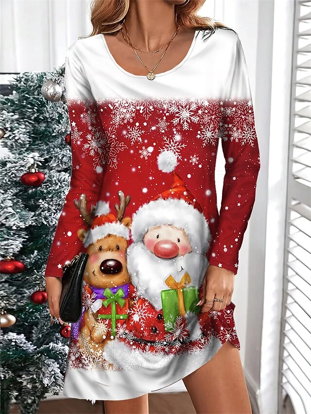 Women's Casual Dress Christmas Dress T Shirt Dress Tee Dress Santa Claus Snowman Print V Neck Mini Dress Fashion Streetwear Outdoor Christmas Long Sleeve Loose Fit Black White Wine Fall Winter S M L 3 Women's Casual Dress Christmas Dress T Shirt Dress Tee Dress Santa Claus Snowman Print V Neck Mini Dress Fashion Streetwear Outdoor Christmas Long Sleeve Loose Fit Black White Wine Fall Winter S M L - Image 3