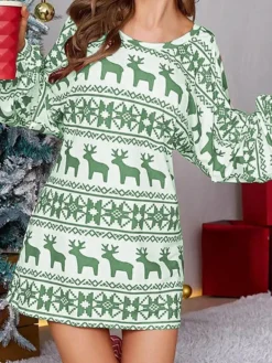 Women's Casual Dress Christmas Dress Sweatshirt Dress Animal Deer Backless Print Off Shoulder Bishop Sleeve Mini Dress Fashion Elegant Home Christmas Long Sleeve Loose Fit Red Green Fall Winter S M L -Fashion Life Shop htjvhe1692874078171