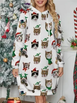 Women's Casual Dress Hoodie Dress Mini Dress Warm Fashion Outdoor Christmas Holiday Hoodie Print Animal Loose Fit White S M L XL XXL