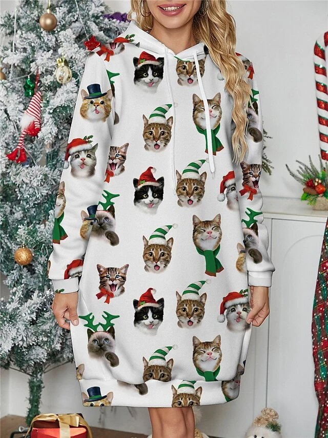 Women's Casual Dress Hoodie Dress Mini Dress Warm Fashion Outdoor Christmas Holiday Hoodie Print Animal Loose Fit White S M L XL XXL 1 Women's Casual Dress Hoodie Dress Mini Dress Warm Fashion Outdoor Christmas Holiday Hoodie Print Animal Loose Fit White S M L XL XXL